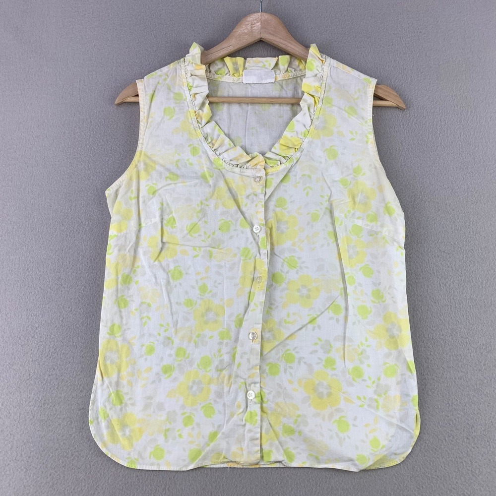 VTG White Stag Floral Ruffle Blouse Women 12 Yellow Sleeveless Buttons USA 70s
